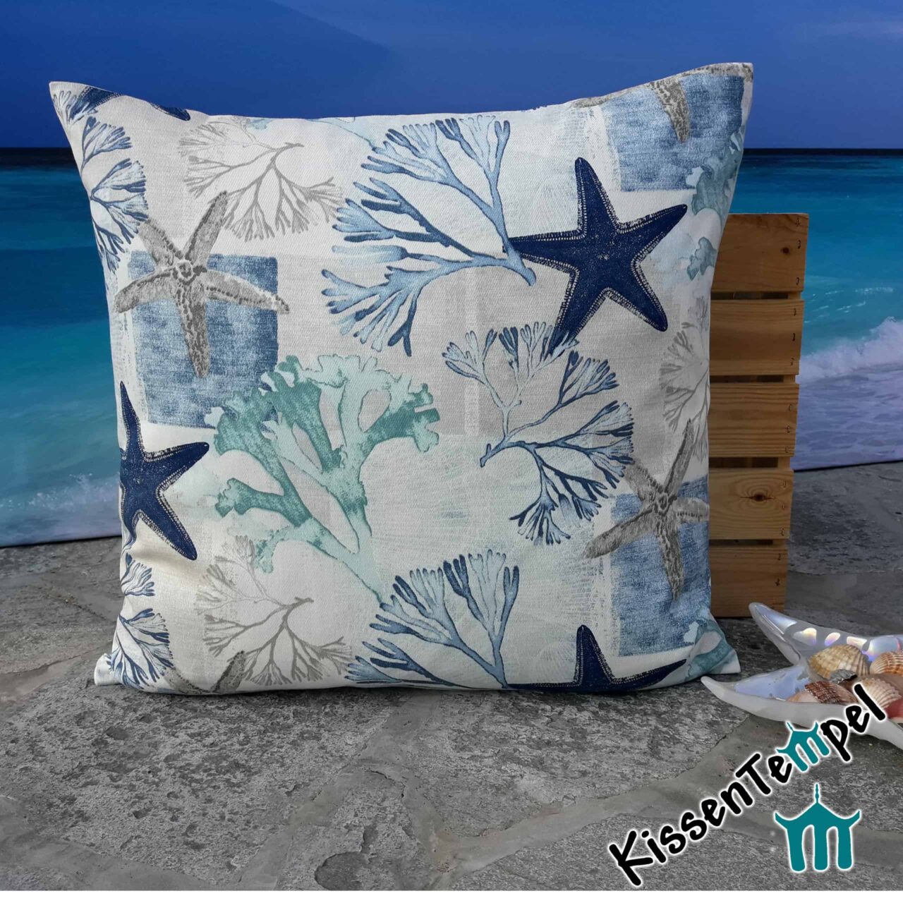 DekoKissen "Starfish", 50x50 cm, Kissenbezug, Motiv: SeeSterne und Korallen türkis blau