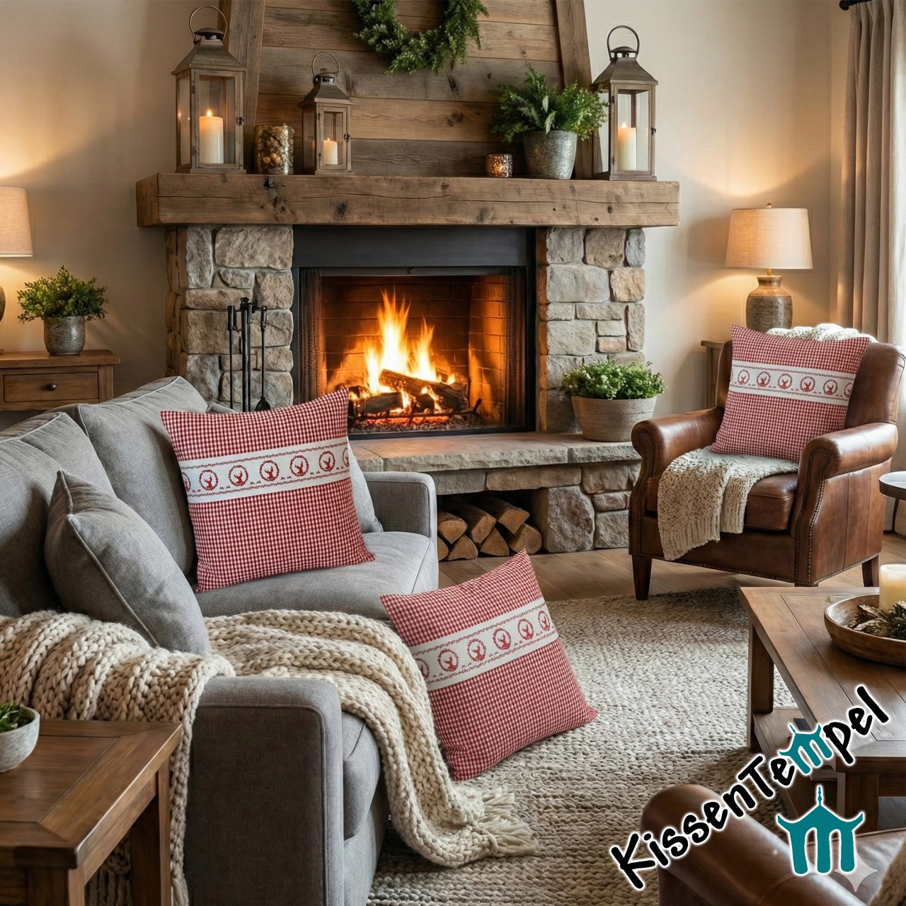 Landhaus-KissenBezug "Sepp" im alpenländischen Landhausstil mit Hirsch-Bordüre, rot-weiß kariert – Bild 5