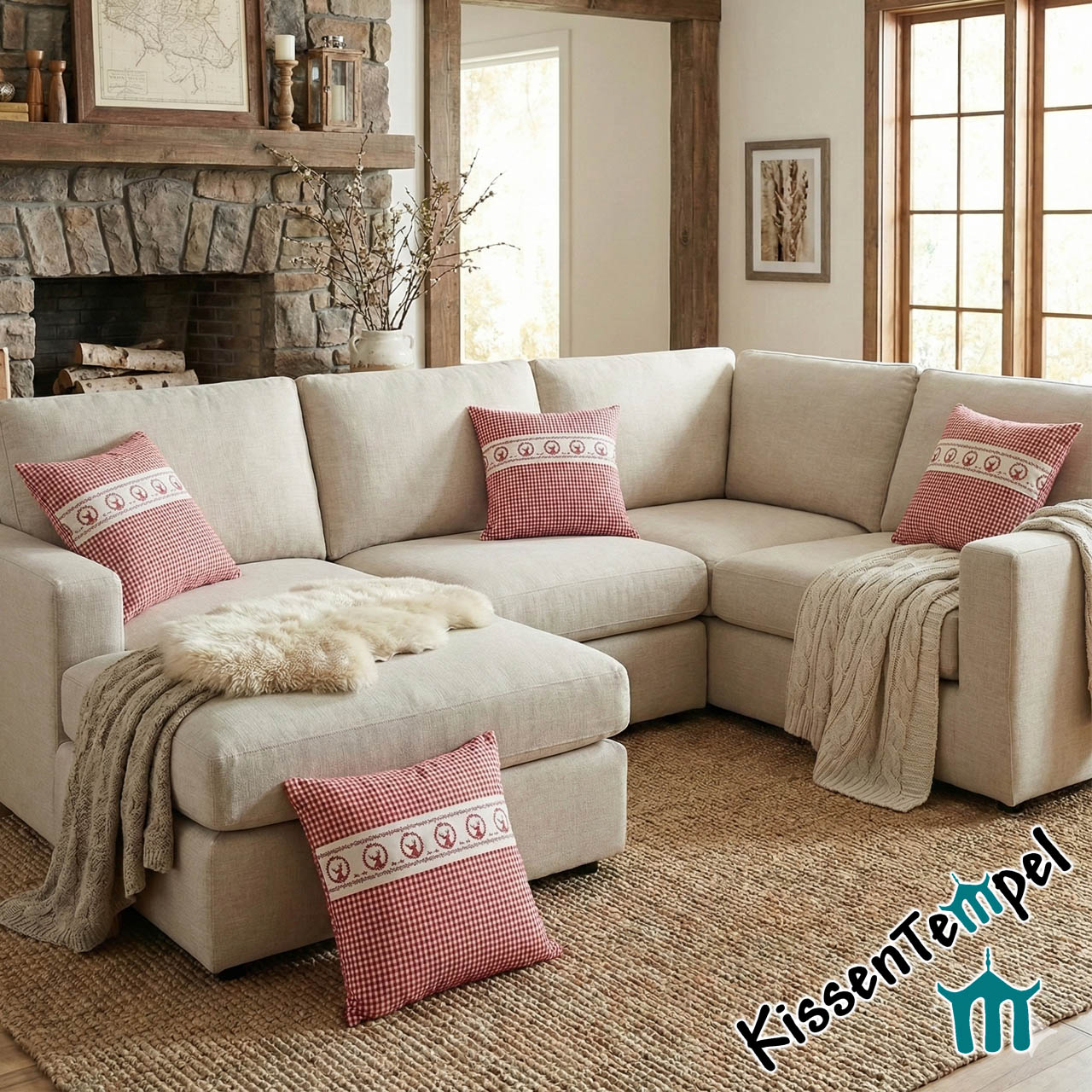 Landhaus-KissenBezug "Sepp" im alpenländischen Landhausstil mit Hirsch-Bordüre, rot-weiß kariert – Bild 6