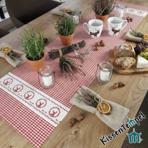 Landhaus-TischLäufer "Sepp" rot-weiß kariert mit Hirschbordüre, alpenländischer Landhausstil, Chaletstil