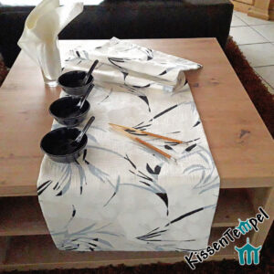 Tischläufer >White Bamboo< MittelDecke, TischDecke, Motiv: Bambus, asiatisch, weiß, ecru, rauchblau, doppellagig