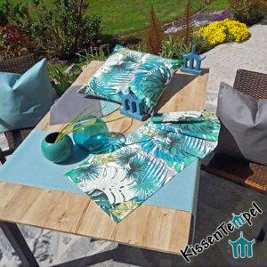 Outdoor-Serie Kissen, Tischläufer, Tischsets, türkis, mint, grün, blau, grau