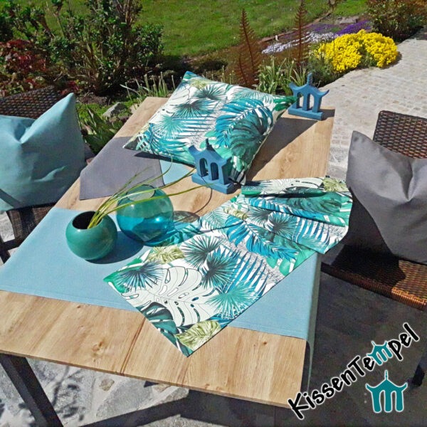 Outdoor-Serie Kissen, Tischläufer, Tischsets, türkis, mint, grün, blau, grau