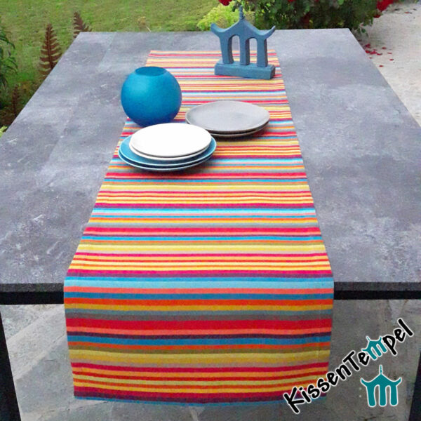Outdoor Tischläufer >Caribe< UV-resistent, bunte Streifen in rot orange gelb grün blau türkis petrol pink violett