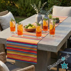 Outdoor Tischläufer "Caribe" UV-beständig, wetterfest, bunte Streifen in rot orange gelb grün blau türkis petrol pink violett