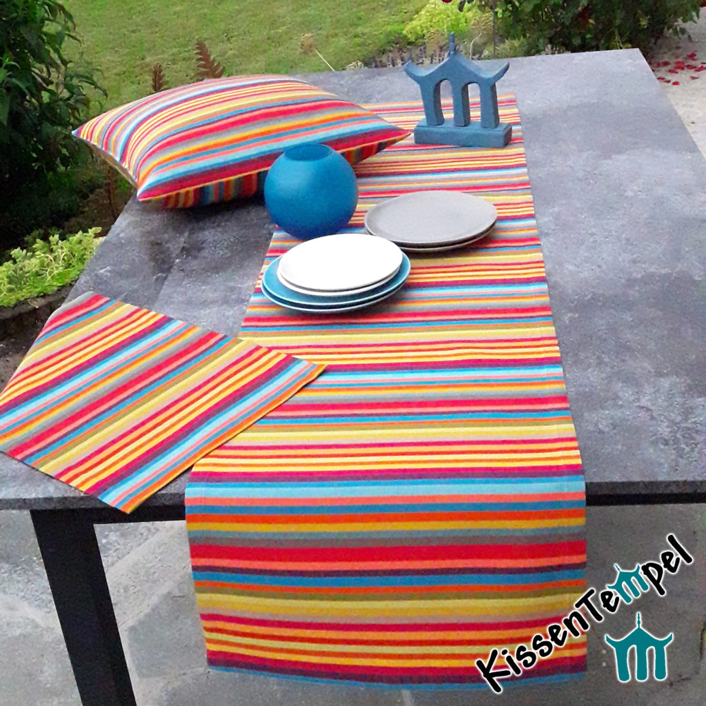 Outdoor Tischläufer Tischset Kissen >Caribe< UV-resistent, bunte Streifen in rot orange gelb grün blau türkis petrol pink violett