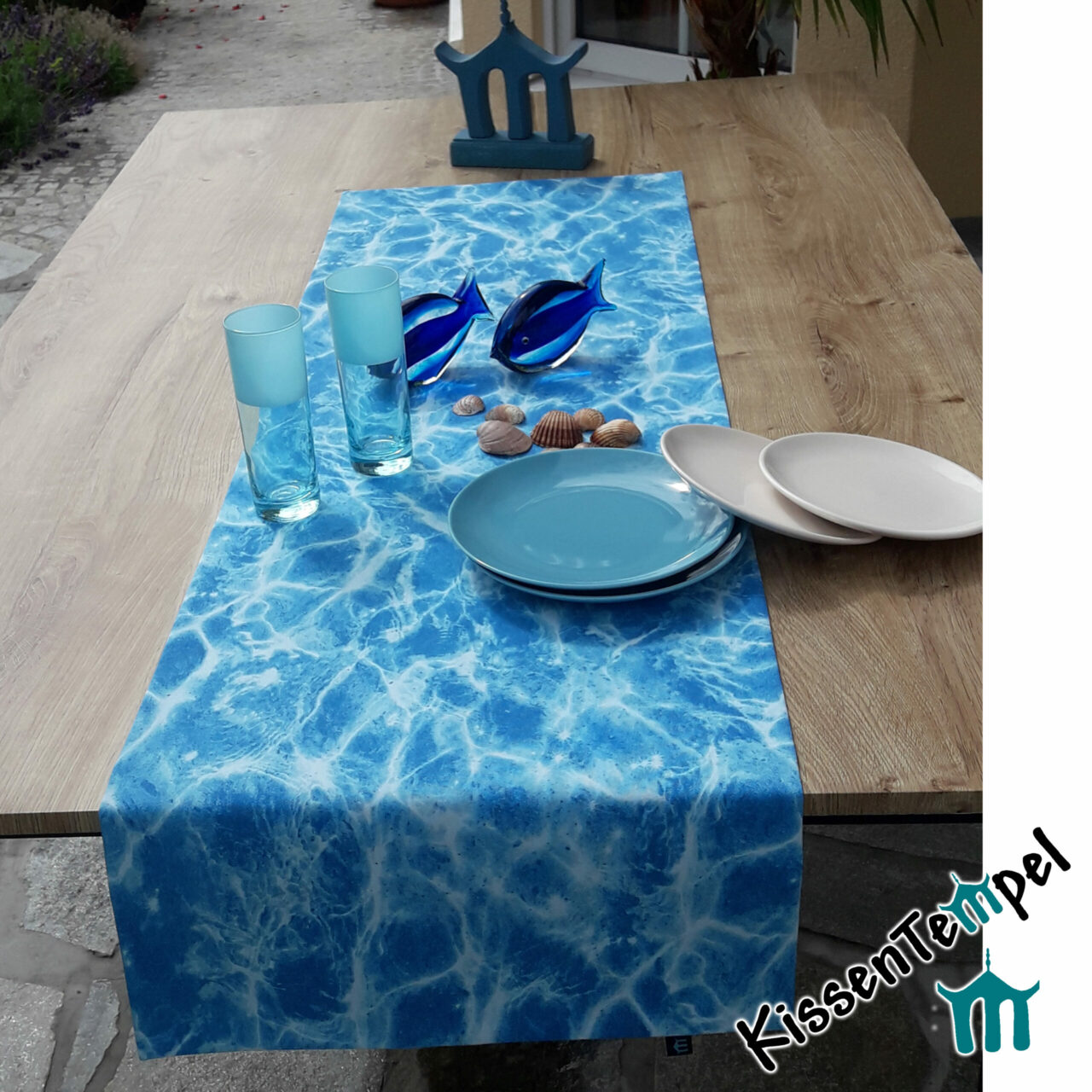 schimmerndes | Tischläufer / türkis KissenTempel blaues Maritimer Pool / | Wasser \