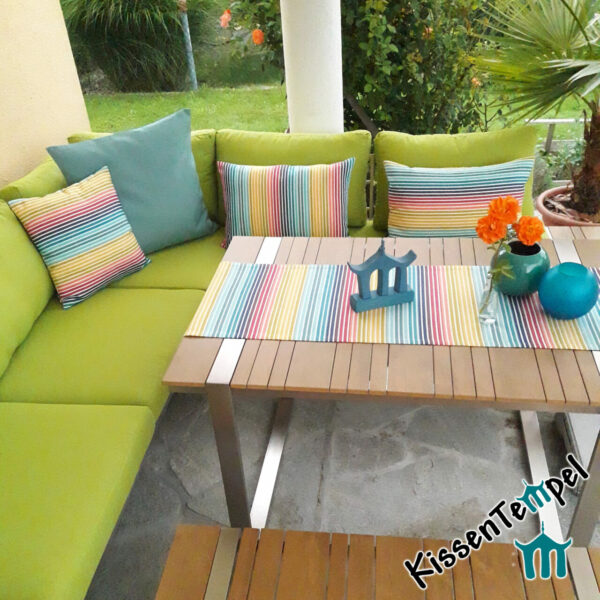 Outdoor Kissen & Tischläufer >Rainbow< UV-beständig, wasser- und schmutzabweisend, Streifen in Regenbogenfarben