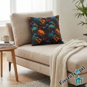 SamtKissenBezug "Fleur", alle Größen, bunte Blüten auf schwarzem, weichem, leicht schimmernden VelourSamt