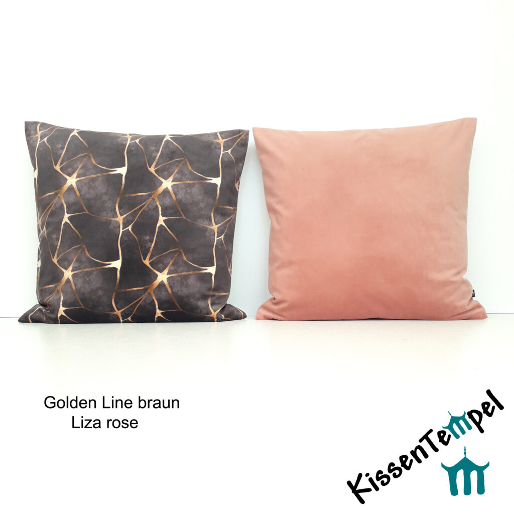 SamtKissen Golden Line & Liza rose, KissenHülle, KissenBezug aus Samt, einfarbig rose / goldene Linien auf braun