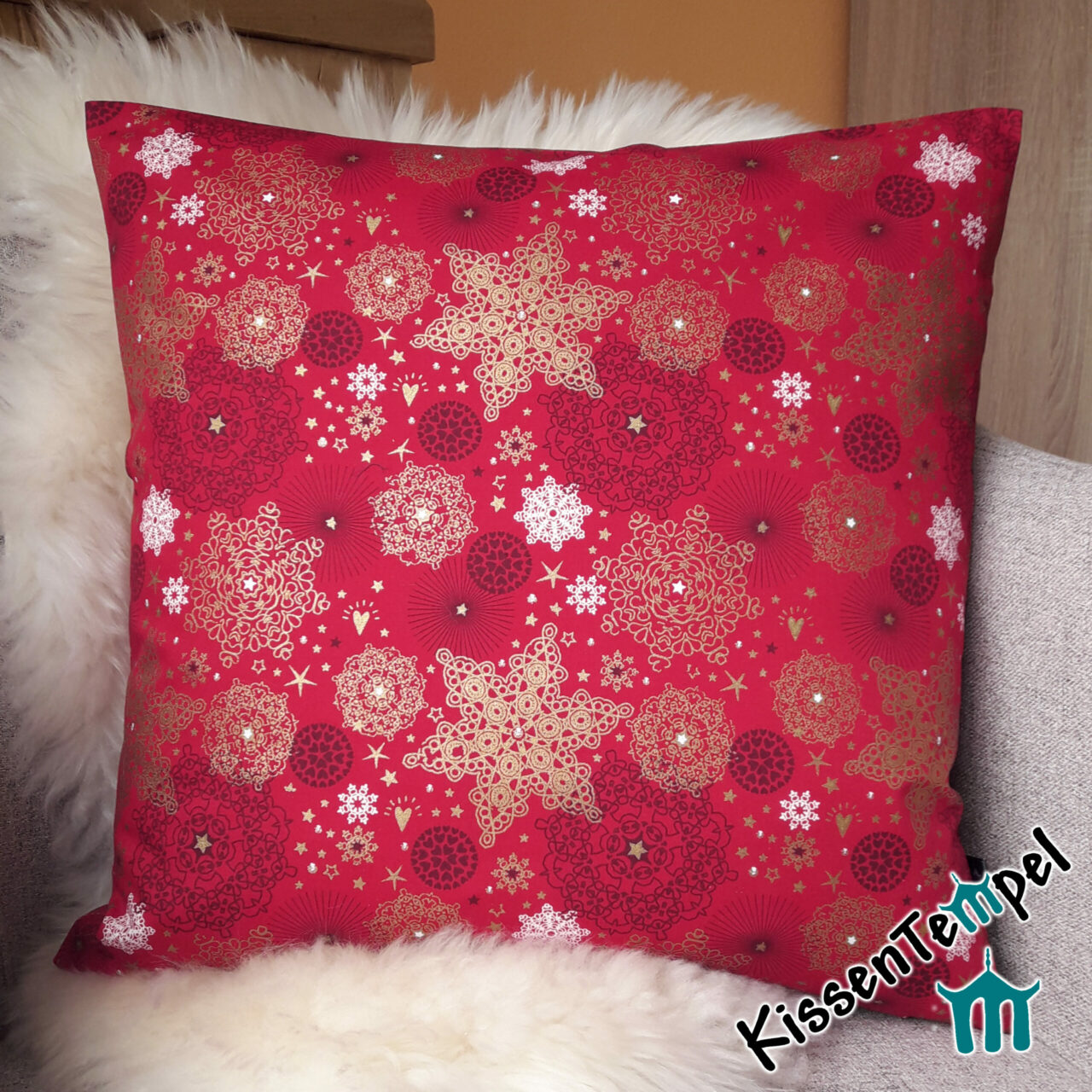 WeihnachtsDeko und Weihnachtsgeschenke 2022 * WeihnachtsTrends 2022 3 WeihnachtsKissen "Christmas" KissenBezug, rot mit goldenen und weißen Sternen, für Weihnachten und Winter