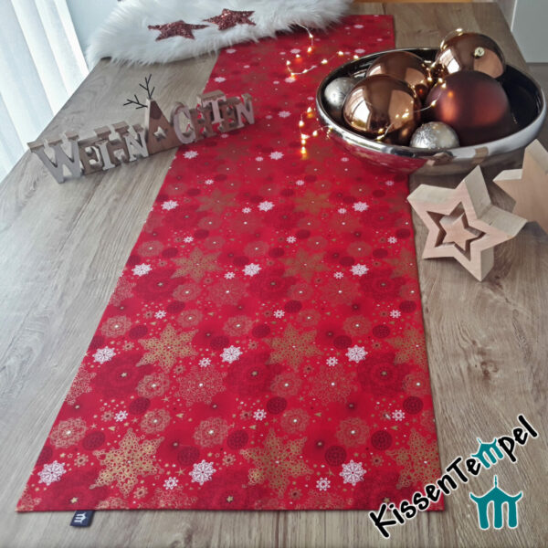 Weihnachts-Tischläufer | Mitteldecke "Christmas" rot mit goldenen und weißen Sternen, für Weihnachten und Winter