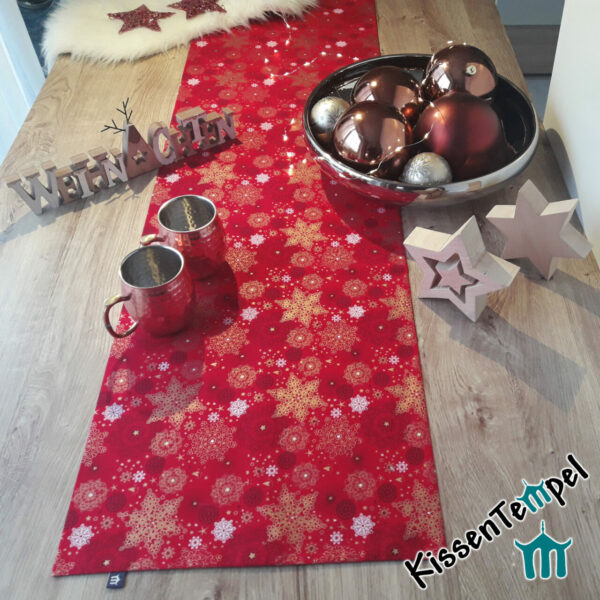 Weihnachts-Tischläufer | Mitteldecke "Christmas" rot mit goldenen und weißen Sternen, für Weihnachten und Winter