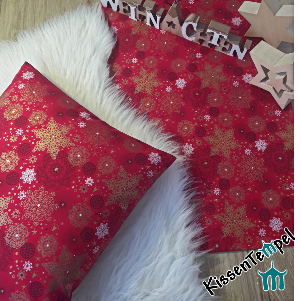 Weihnachts-Tischläufer | Kissen "Christmas" rot mit goldenen und weißen Sternen, für Weihnachten und Winter