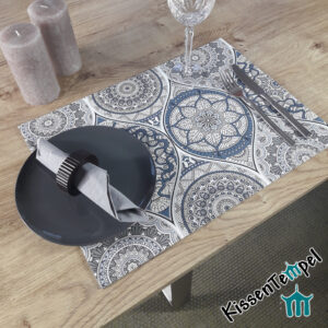 Orientalisches Tischset >Marrakesch< grau, rauchblau, Mandalas, Boho-Style