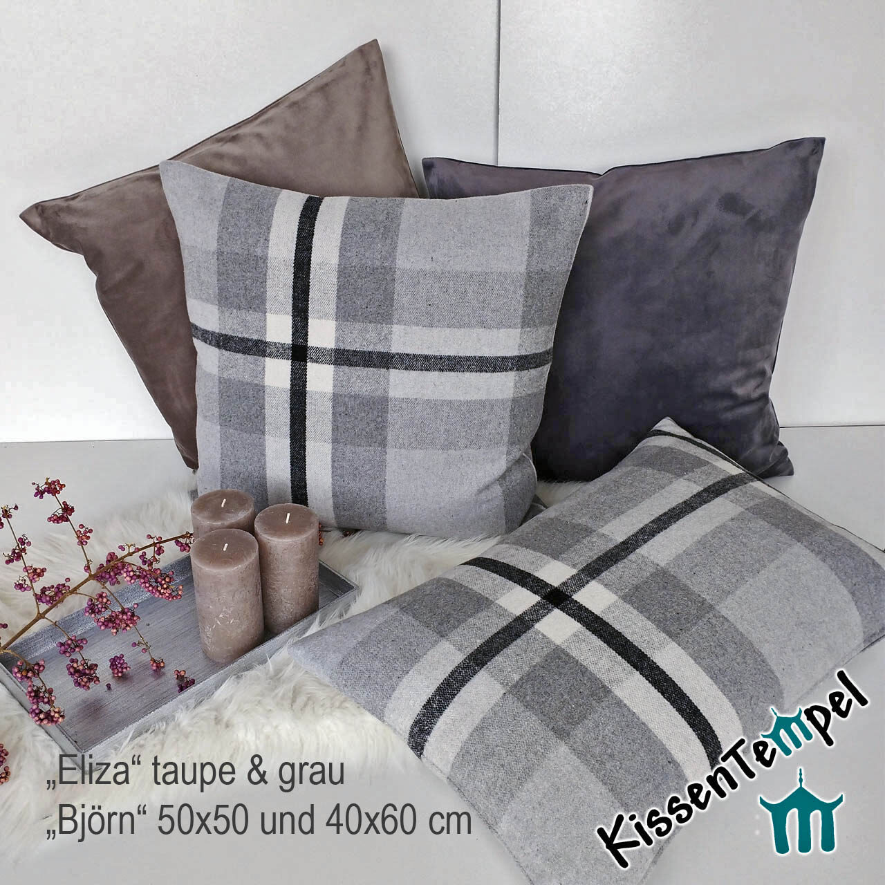 Flauschiges Kissen "Björn" mit SamtKissen "Eliza" taupe und grau, moderner KaroLook
