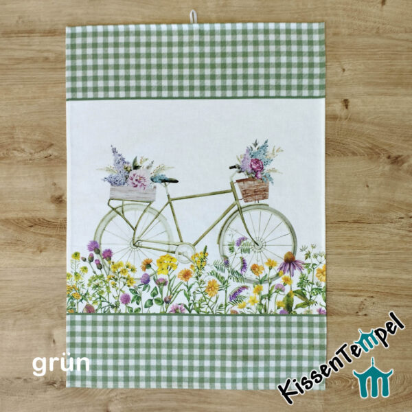 Geschirrtuch grün mit künstlerischem Fahrrad-Motiv | KissenTempel