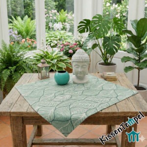 Salbeigrüne Mitteldecke "Fine Garden" doppellagig ! große Blätter in graugrün / salbei.