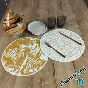 Edles rundes Tischset "Tunis", weiß, senfgelb, ocker, feine Blätter