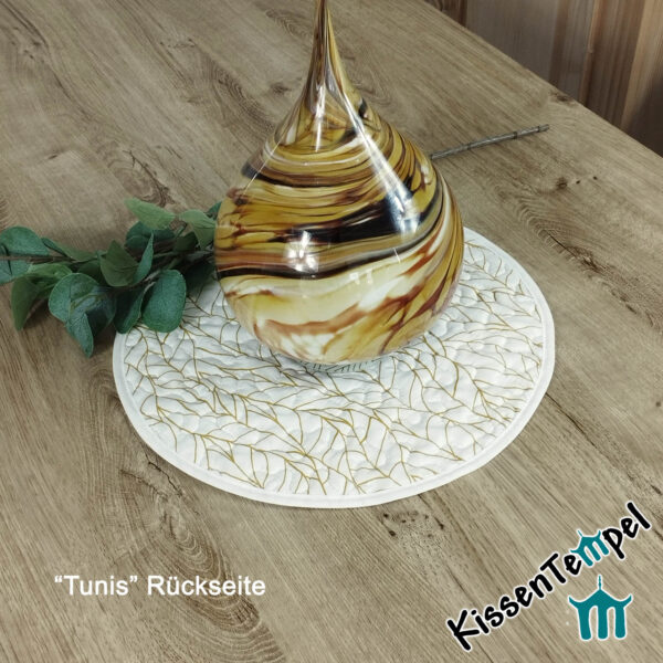 Edles rundes Tischset "Tunis", weiß, senfgelb, ocker, feine Blätter