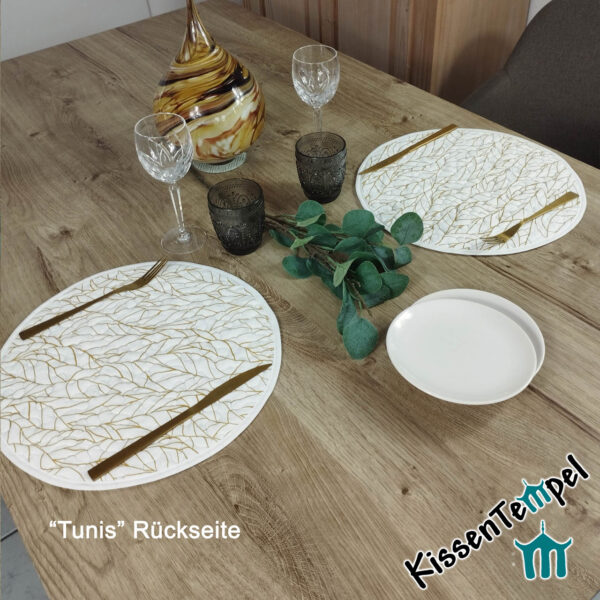 Edles rundes Tischset "Tunis", weiß, senfgelb, ocker, feine Blätter