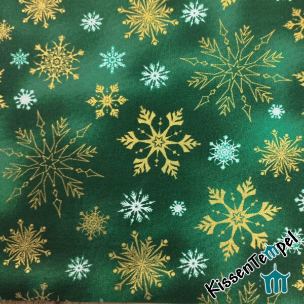 Weihnachts-TischLäufer / MittelDecke "Green Christmas" doppellagig ! Goldene und weiße Schneeflocken auf grünem Hintergrund – Bild 5