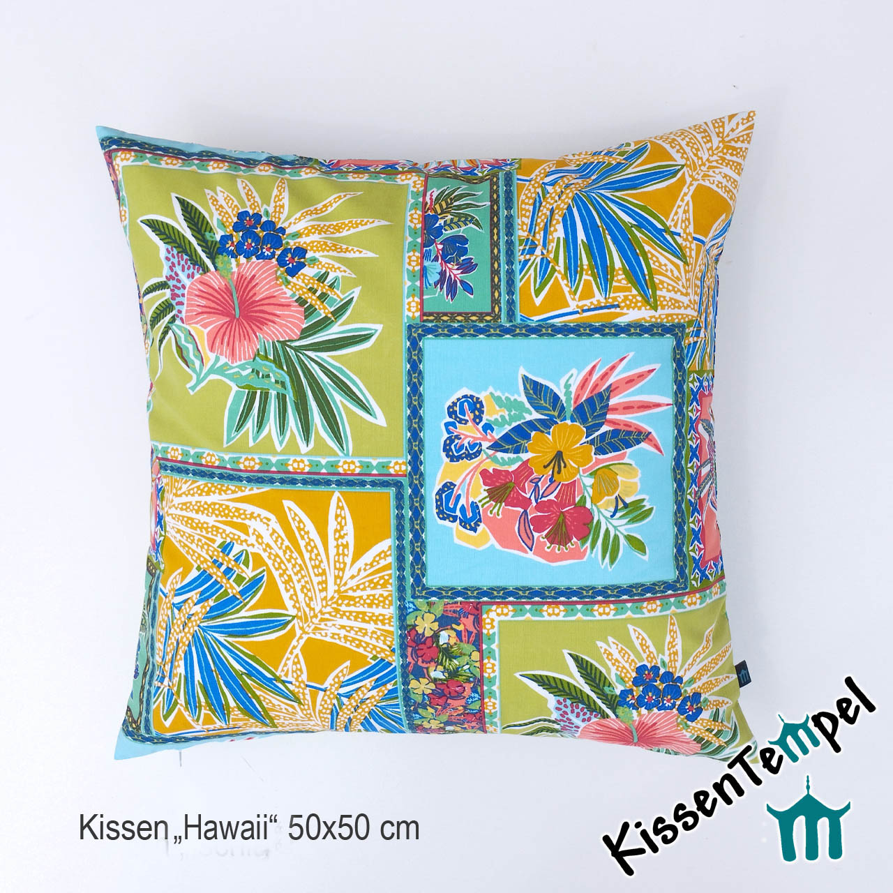 Exotischer KissenBezug "Hawaii" 50x50cm mit tropischen Blumen und Pflanzen in raffiniertem Patchwork-Design