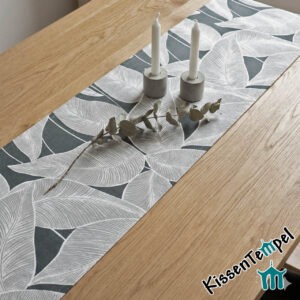 Edler Tischläufer "Eden" Elegantes Blättermotiv in Anthrazit & Grau – Modernes Dekokissen im tropischen Monochrom-Look