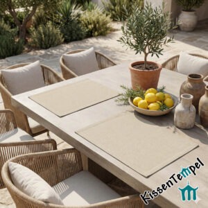Echtes Outdoor Tischset "Saint Tropez" Beige – Edle Fischgrät-Struktur – Wetterfeste abwaschbare Platzsets aus Polyacryl für draussen