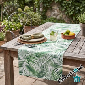 Echter Outdoor Tischläufer "Bali" | wetterfest, wasserabweisend | Tropische Palmblätter Grün Weiß | Gartentisch Deko | Balkon & Terrasse